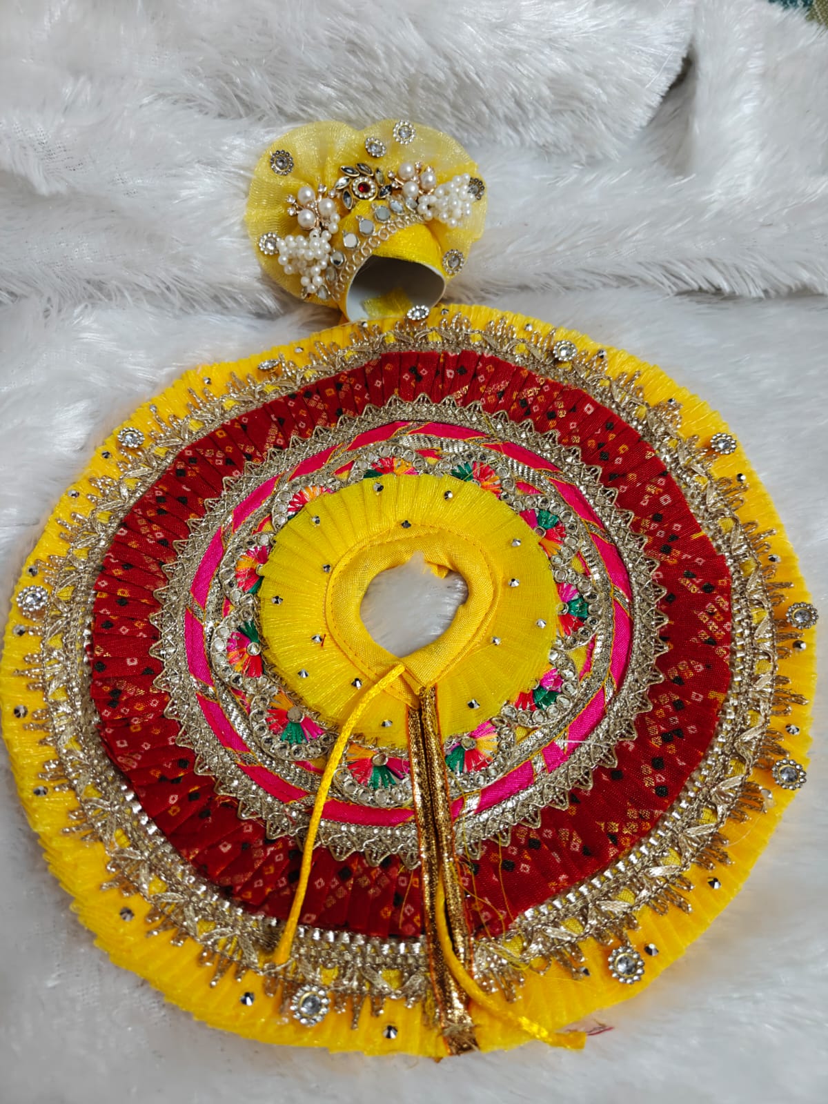 Premium Laddu Gopal Fancy Dress Set with Mukut – Yellow Red Ethnic Poshak